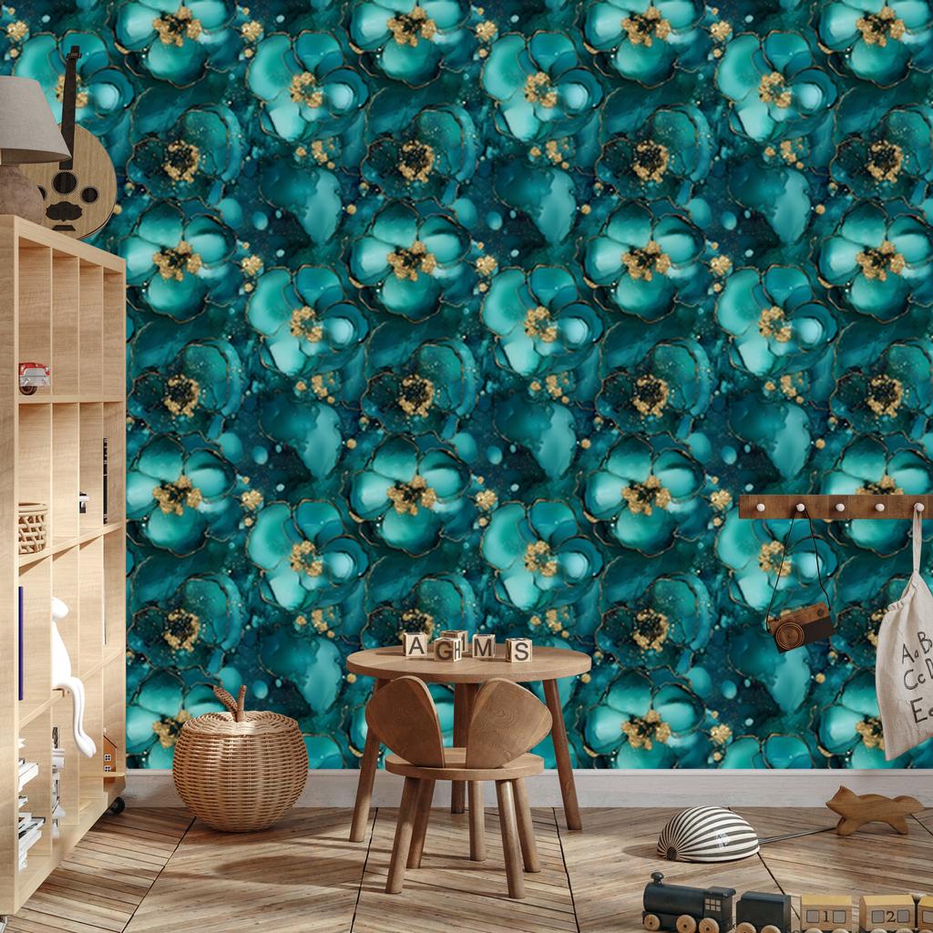 Ink Wallpaper Turquoise, Sea Blue and Yellow for Living Room and Bedroom 50x1000
