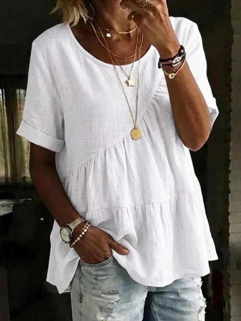 1116 European and American new women's casual and comfortable round neck solid color cotton and linen loose short sleeves