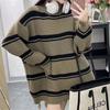 Autumn and Winter New Retro Temperament Loose Round Neck Rough Edge Holes Lazy Style Striped Knitted Pullover Sweater Women