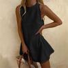 Women Round Neck Scallop Trim Sleeveless Mini Dress