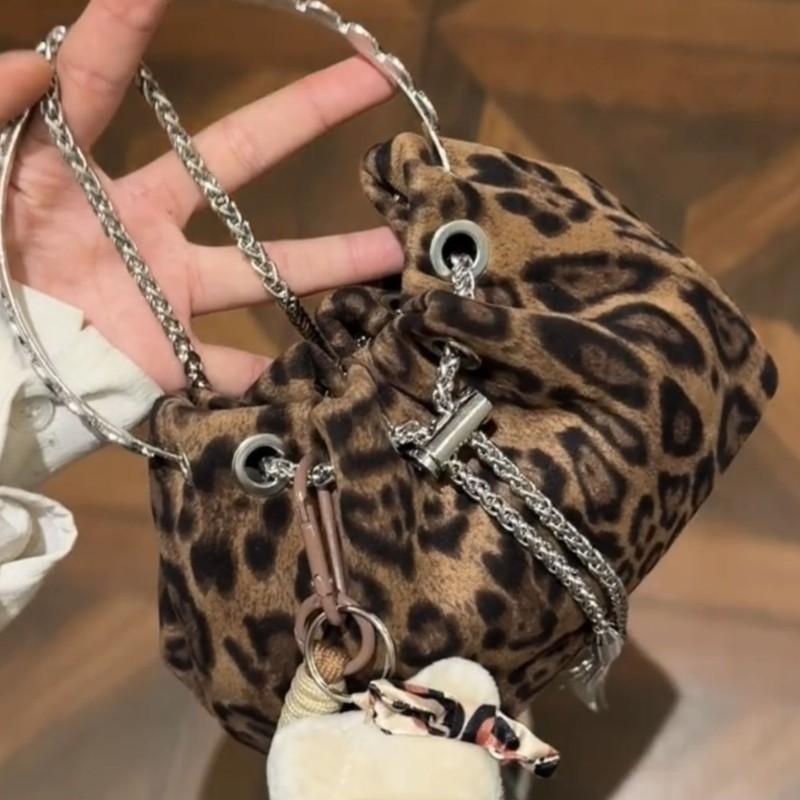 Hot Girl Retro Leopard Pattern Bucket Handbag Women Chic Chains Drawstring Shoulder Bags Ladies Luxury Designer Purses Y2k 2025