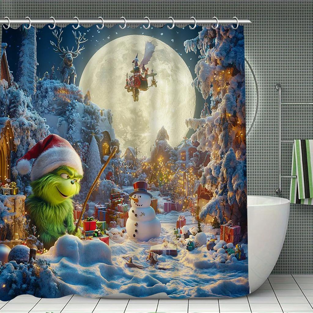 4pcs Christmas Shower Curtain Set, Waterproof Bathroom Decor with 12 Hooks, Non-Slip Rug & U-Shape Toilet Cover for Holiday Home