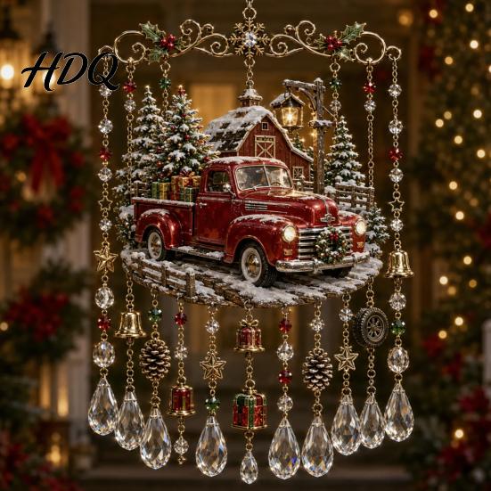 Clear Faceted Crystal Pendant Christmas Wind Chime with Bead Chain Cat Car/Owl Xmas Tree Ornaments Pattern Design Retro Hanging Ornament for