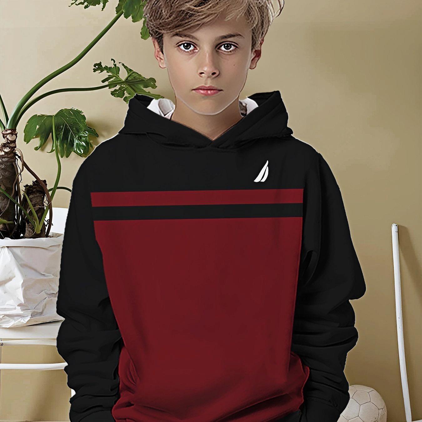 

Black and red contrasting minimalist striped design hoodie for all seasons comfort, machine washable casual pullover 13-14Y