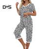 2 Pçs/Conjunto Pijamas Femininos Verão Estampa Floral Decote Em V Manga Curta Camisa Elástica Cintura Curta Calças Curtas Roupa de Casa Roupa Casual Pijamas de Primavera