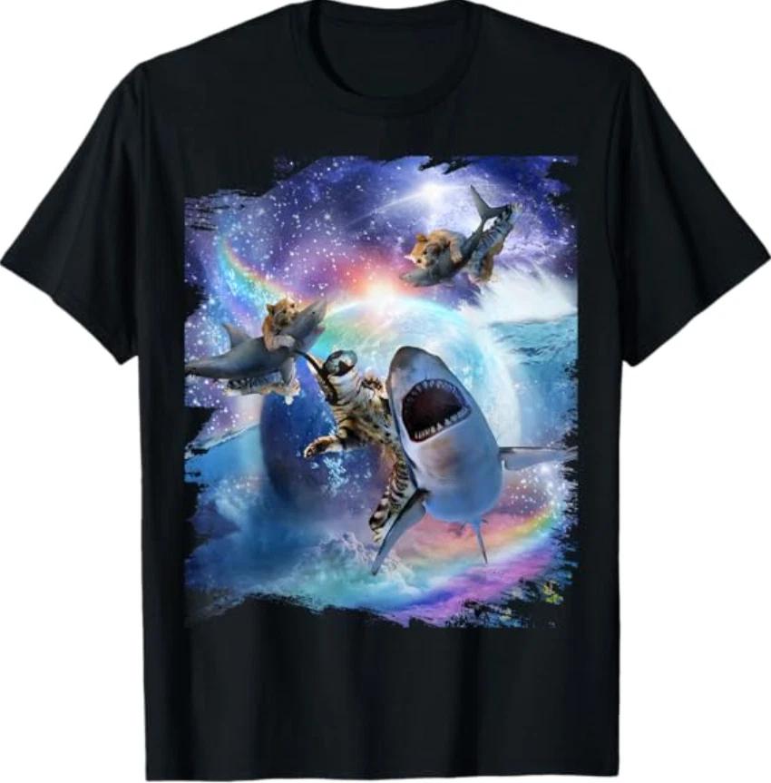 Rainbow Galaxy Cat Riding Shark in Space T-Shirt S