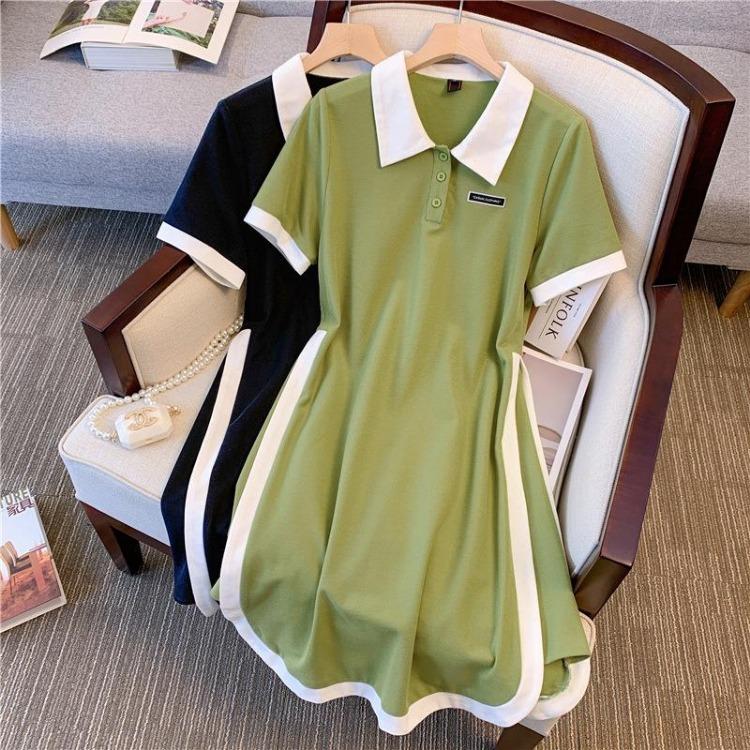 Summer Fashion Women Large Size Polo Neck Splicing A Shaped Dress