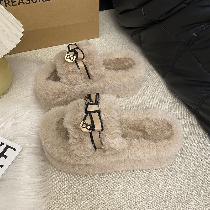 Klapki na wysokim grubym obcasie, puszyste, damskie, do noszenia na zewnątrz, jesień i zima 2025, nowa koreańska wersja, aksamitne, ciepłe, na grubej podeszwie, bawełniane