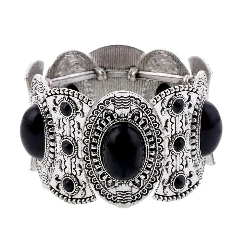 

Vintage Boho Imitation Turquoises Elastic Bracelets Bangles for Women Ethnic Carved Silver Color Metal Bracelet Vacation Jewelry чорний
