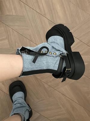 Modne buty na platformie z ćwiekami, dżinsowe, do połowy łydki, damskie, kowbojskie, z okrągłym noskiem, kowbojskie półwysokie buty dla kobiet, nowość w modzie 2024, obuwie do pracy