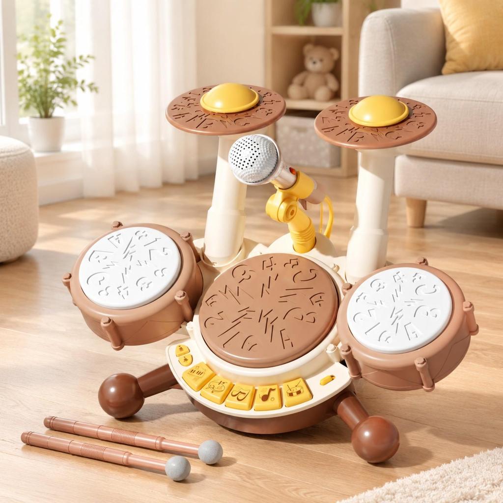 Children's Multi-Drum Musical Toy Soft Mallets Drum Station with Voice Pick-Up