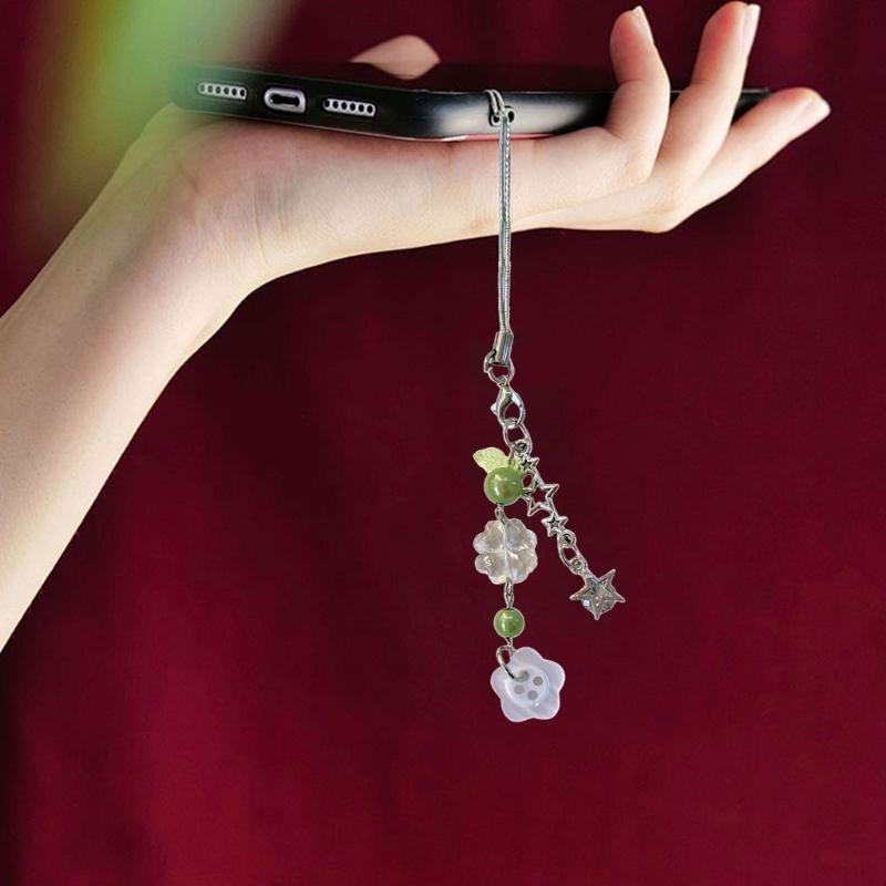 Fashionable Four Leaf Grass Keychain Button Inspired Beaded Charm Hanging Pendant Korean Style Decoration