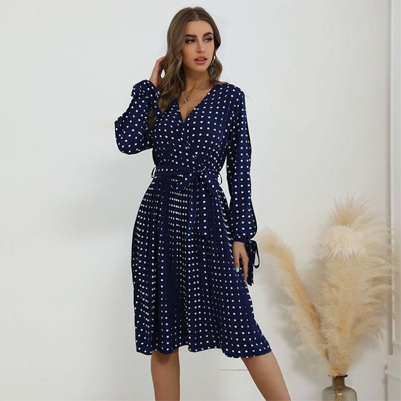 Yiyi 2025 Retro Polka Dot Pleated Lace-up Dress - Spring/Autumn European and American Style XL темно-синий