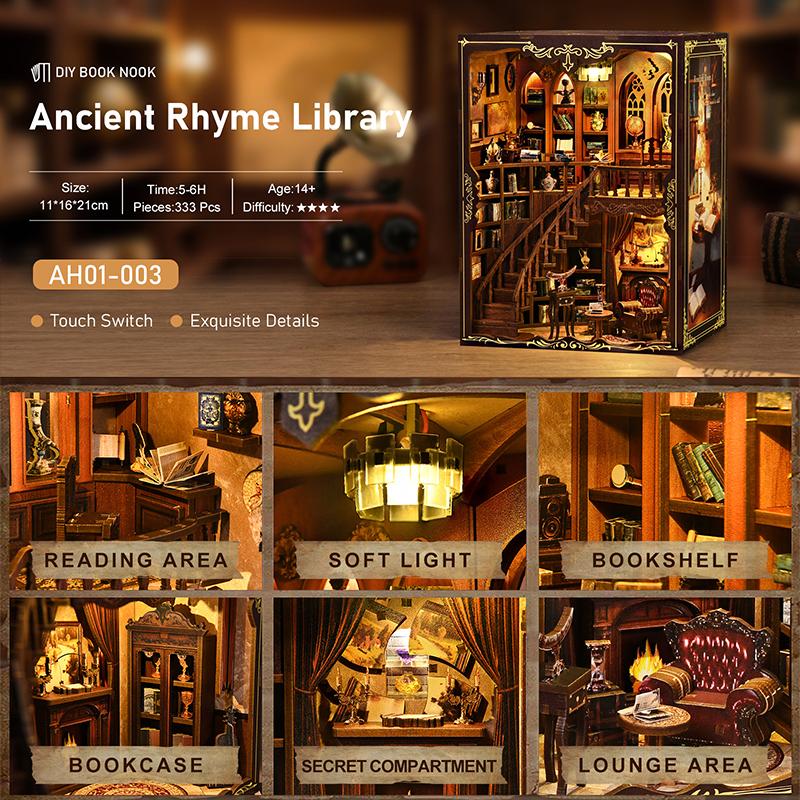 DIY Book Nook Kit 3D Wooden Ancient Rhyme Library Creative Gift Miniature Desktop Decor