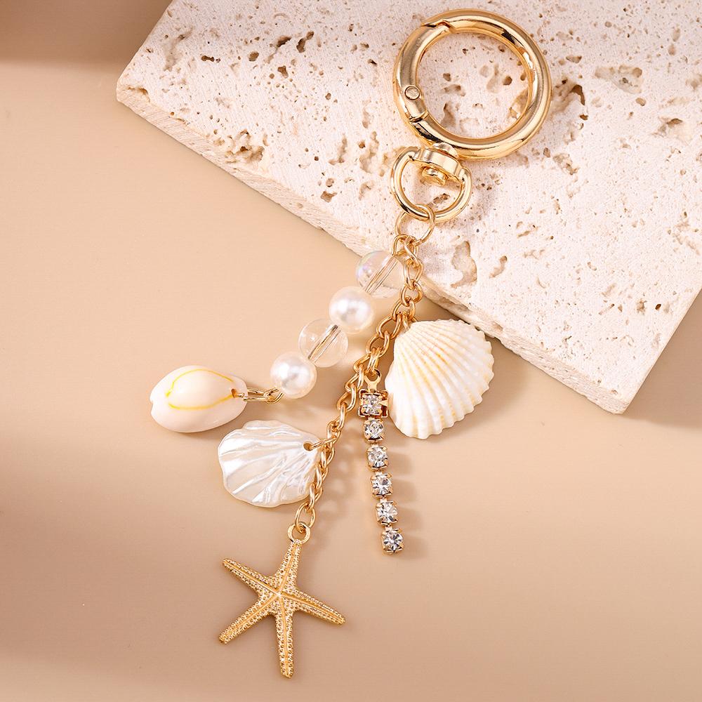 Fashion Pearl Shell Starfish Keychain Y2K Crystal Key Ring Pendants for Women Girls Handbag Decor DIY Summer Beach Jewelry Gifts