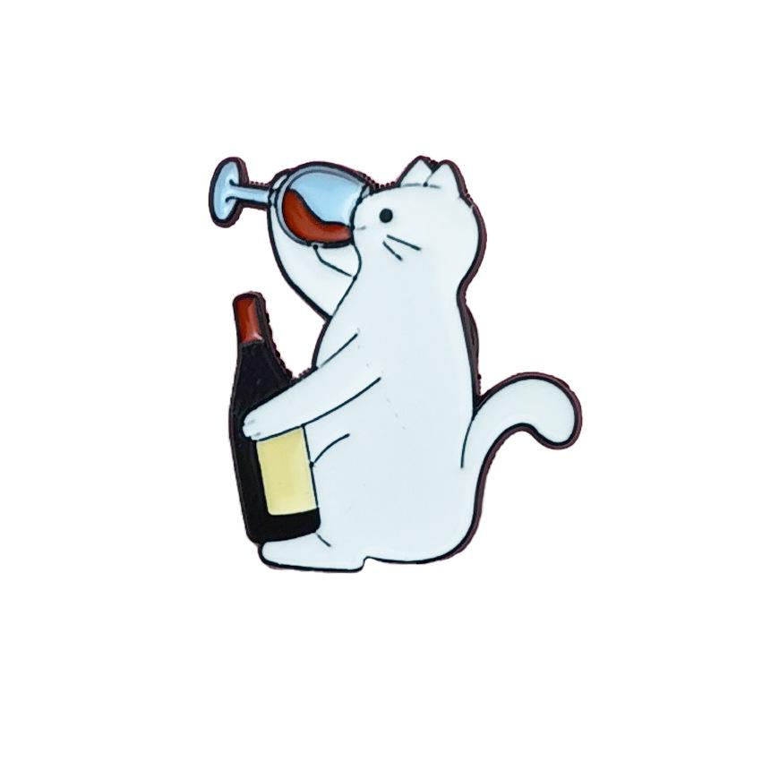 Adorable White Cat Drinking Alcohol Brooch - Cartoon Badge for Backpacks and Accessories