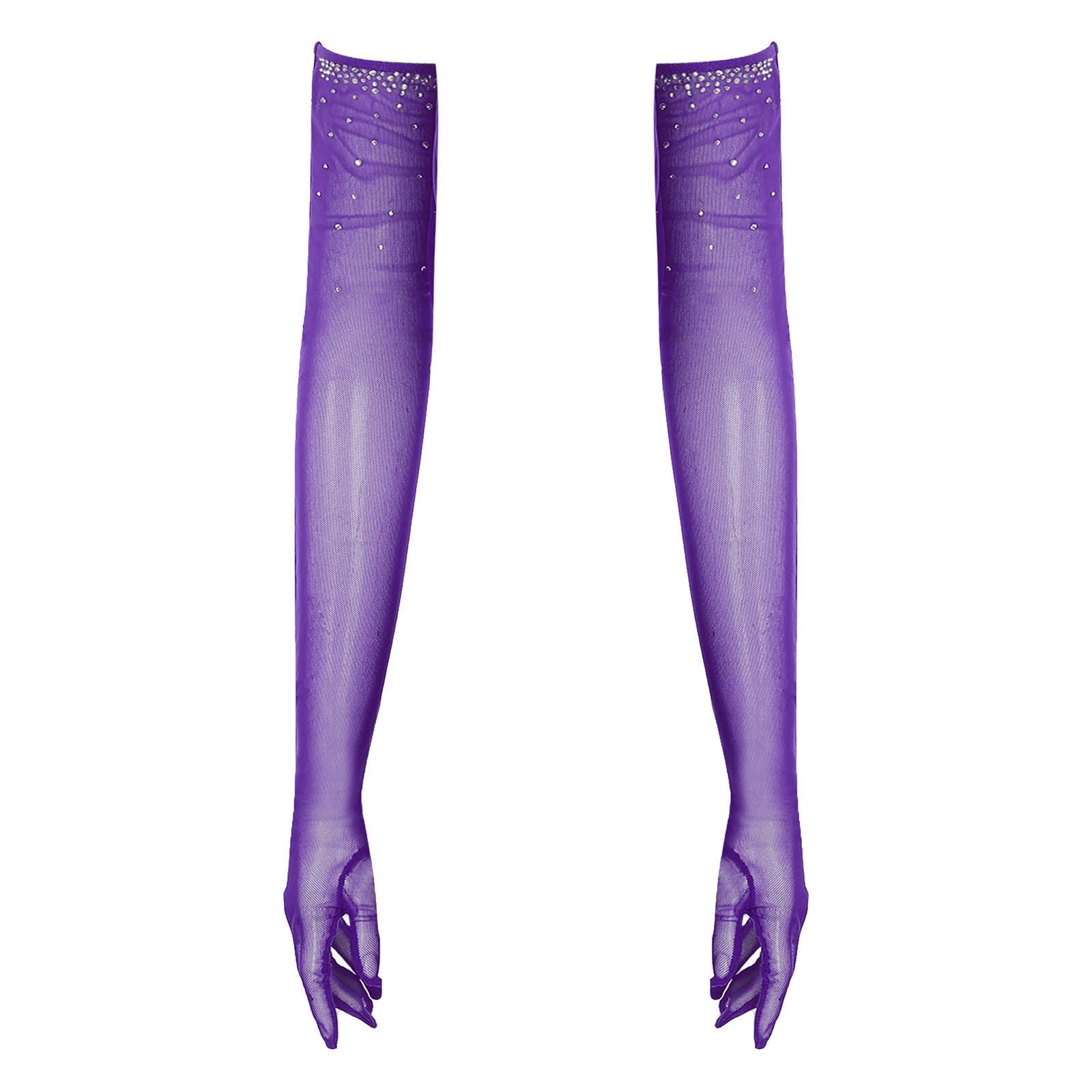 

Ladies Full Length Mesh Dance Gloves Glittery Rhinestones Design Five Finger Gloves Performance Wear Accessory One Size фіолетовий