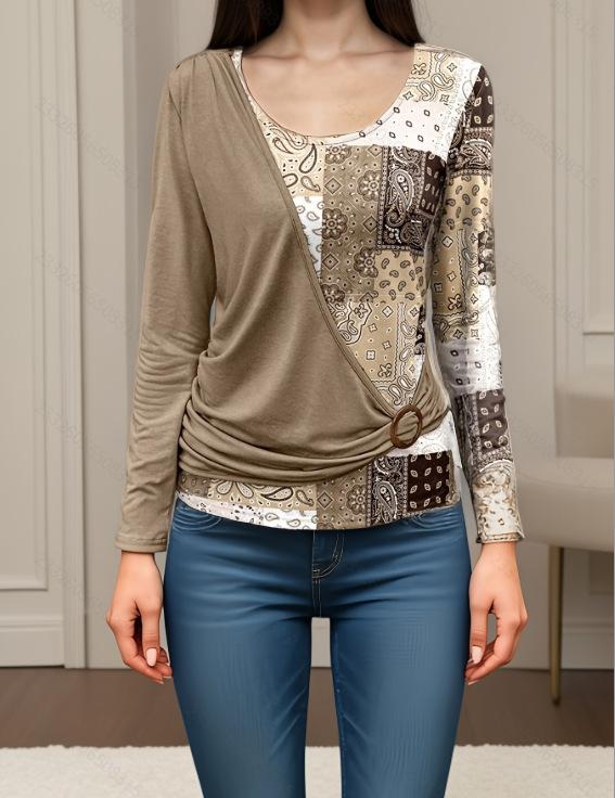 

Женский асимметричный топ с длинным рукавом, блузка-пеплум с V-образным вырезом и принтом пейсли, повседневная эластичная футболка S коричневый