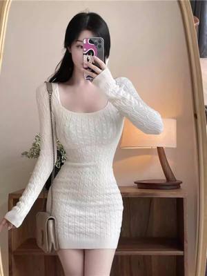 Slim Fit Autumn Knit Dress for Women - Waist-Cinching, Figure-Hugging Short Skirt