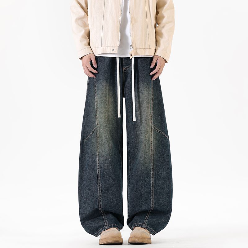 American retro trendy brand splicing scimitar jeans men's trend loose wide legs drape elastic waist long pants men