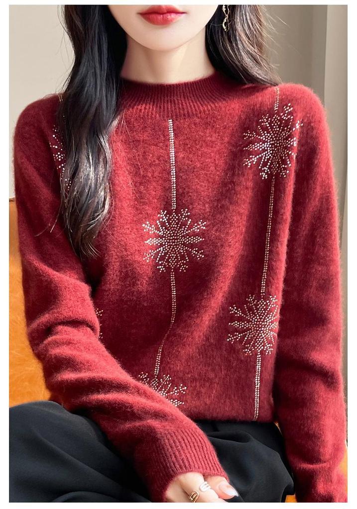 Women's Knitted Sweater with Inlaid Diamonds - Half-High Collar, Heavyweight for Autumn/Winter, Christmas Inner Wear.