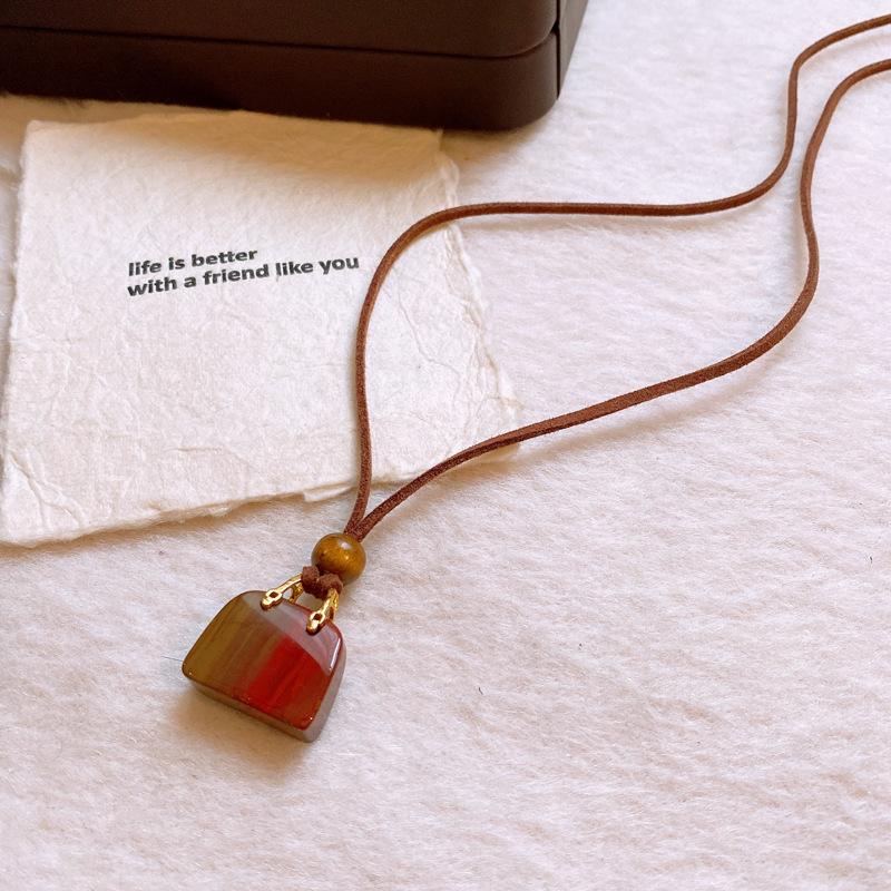 Korean fleece rope color artificial tiger's eye stone bag necklace niche design sweater chain retro necklace