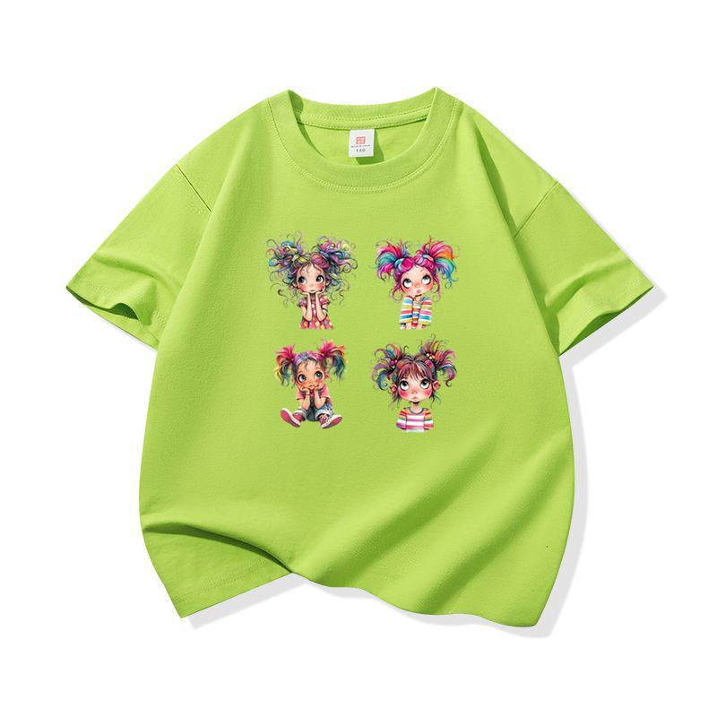 Rainbow Pigtail Girl Graphic Tee Kids 100 Cotton Crew Neck Casual T Shirt Short Sleeve Breathable Tops For Boys Girls Children