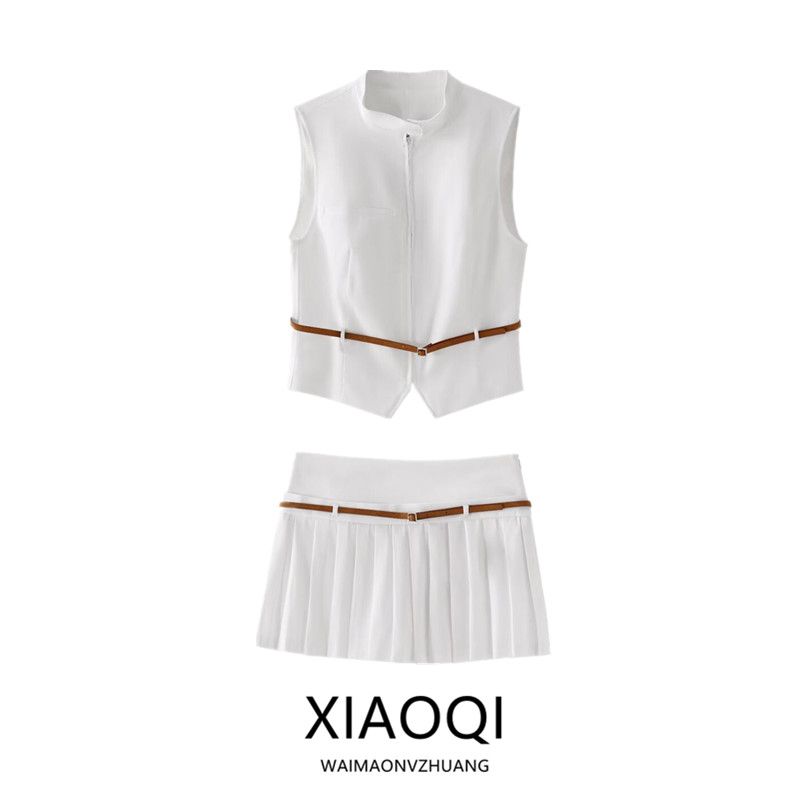 Fashion Style 2024 Spring and Summer New Women's Clothing Versatile Belt Vest Tops High Waist Width Pleated Skirt 2010816