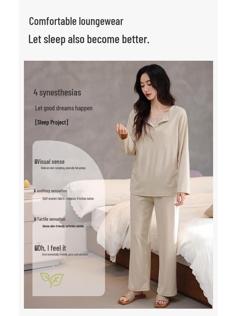 Women's Autumn Cotton Pajama Set with Chest Pad - Long Sleeve, Long Pants, Sporty Outdoor Homewear