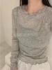 Süßer Rüschen-Cardigan mit Rundhalsausschnitt in Milchgeschmack-Optik zum Layern - Damen Dünnes, halbtransparentes Langarm-T-Shirt