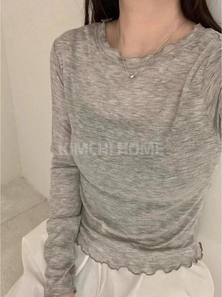 Süßer Rüschen-Cardigan mit Rundhalsausschnitt in Milchgeschmack-Optik zum Layern - Damen Dünnes, halbtransparentes Langarm-T-Shirt