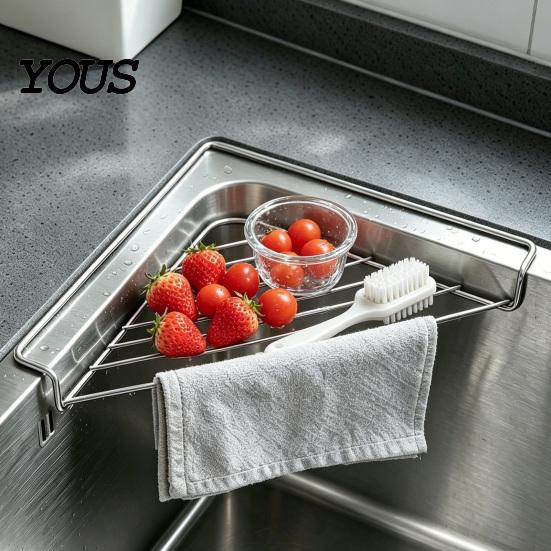 Sink Caddy for Sponges Corner Shelf Triangular Storage Rack, Stainless Steel Hollow Mesh Rack Dish Stable Space Saving Sponge Holder Kitchen