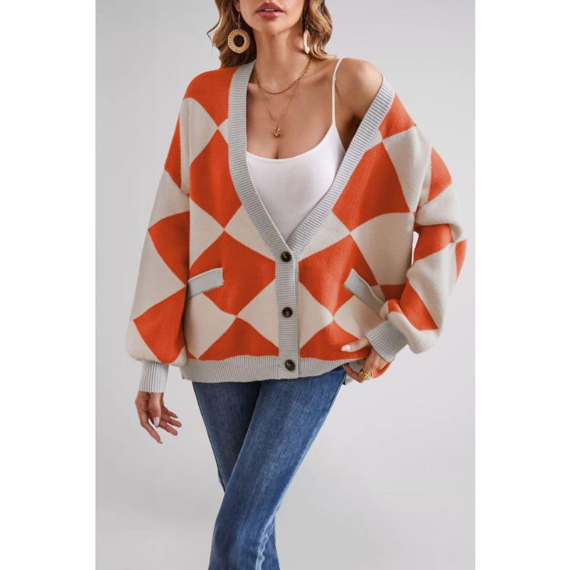 Winter hot sale V-neck rhombus splicing contrasting color loose knitted cardigan jacket women