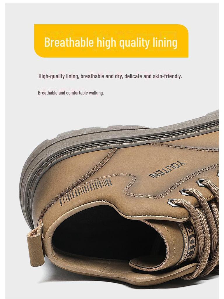 Men's High-Top Leather Martin Boots, 2024 Autumn/Winter, Plus Velvet, Warm Mid-Top Work Boots