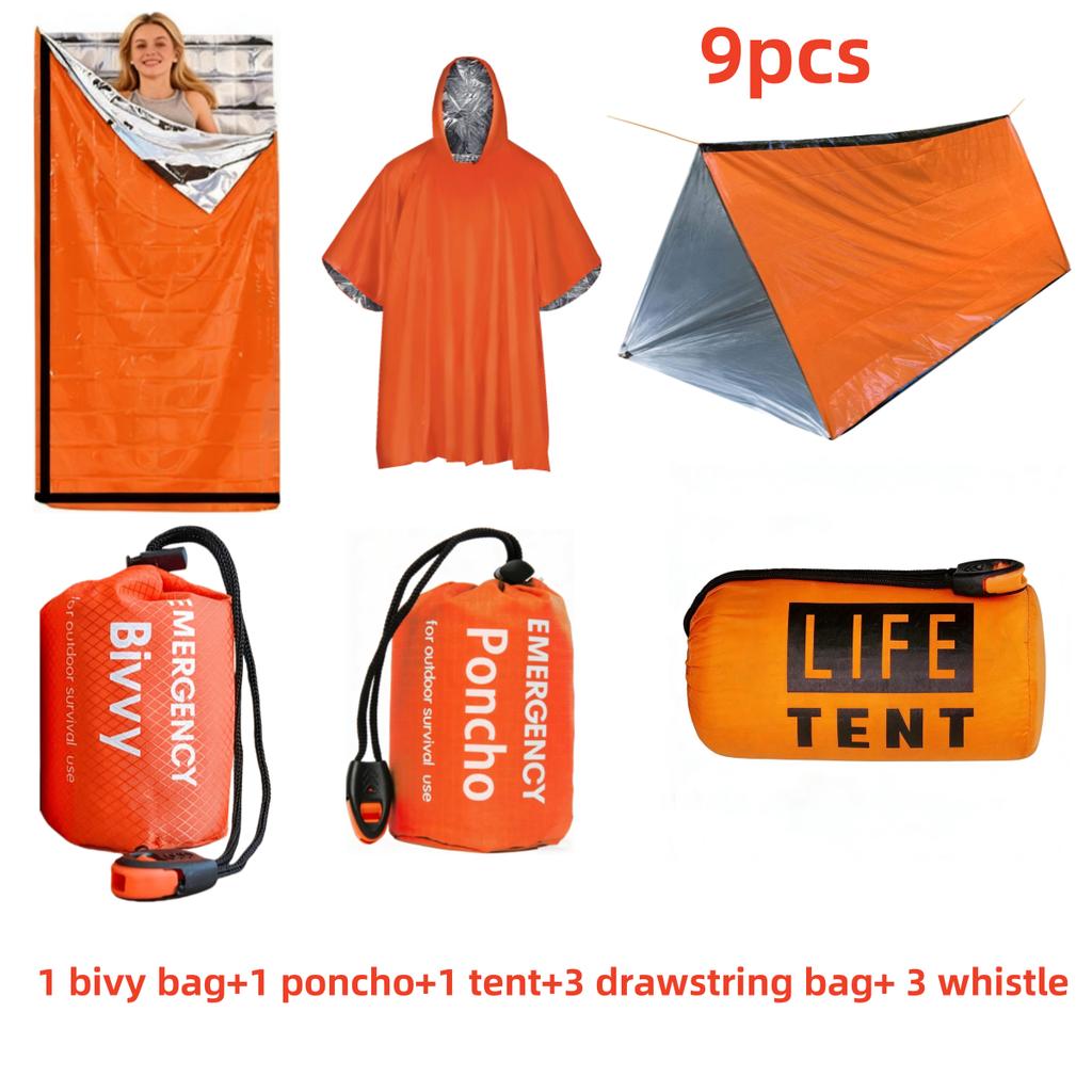 9Pcs Emergency Survival Kit Includes Thermal Bivvy Bag, Poncho, Tent, Whistles & Storage Bags. Heat-Retaining Design For Camping