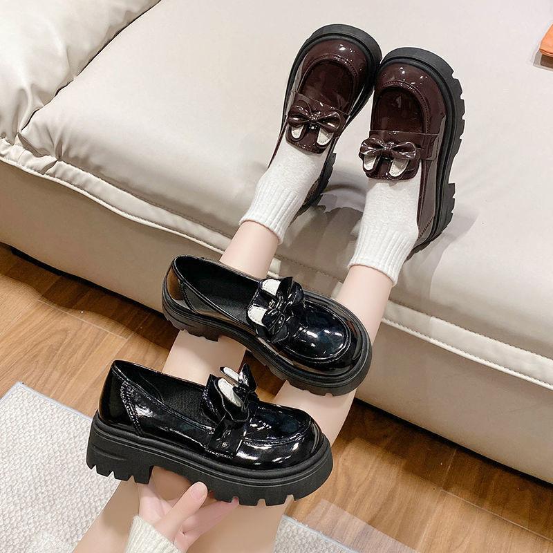 Small Leather Shoes Women's French Bow 2025 Autumn New British Style Platform Loafer Single Shoes Retro Japanese Round Head