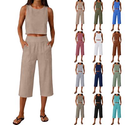 Women's Fashion Sleeveless Top And Wide-Leg Pants Cotton-Linen Set