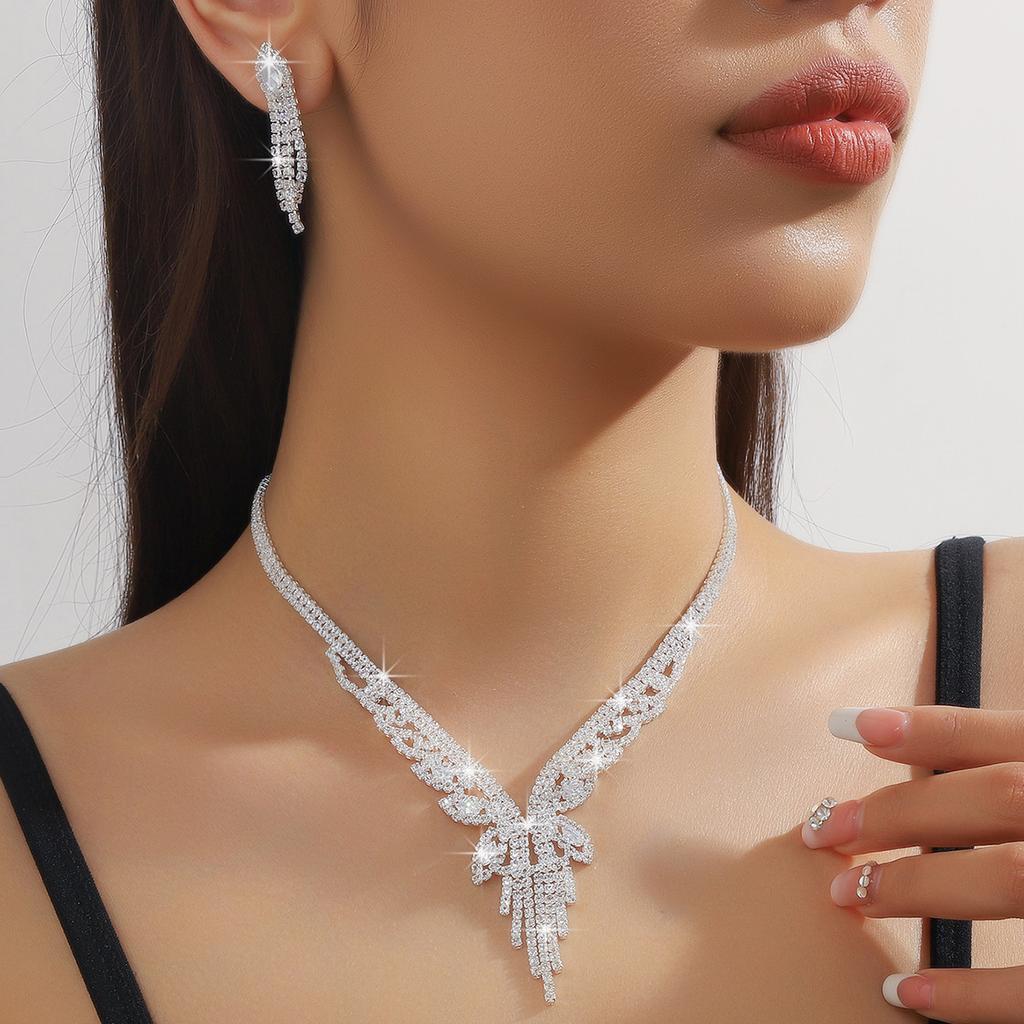 3pcs Women's Jewelry Set Rhinestone Tassel Necklace Earrings Bridal Wedding Accessories