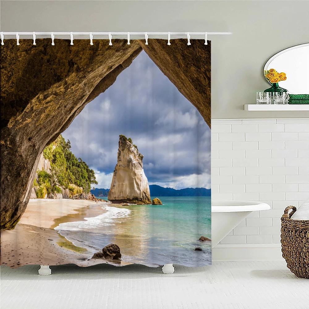 Seaside Scenery 3d Printed  Polyester Shower Curtain Wooden Bridge Nature Fabric Waterproof Bathroom Curtain for Bathtub 180x180