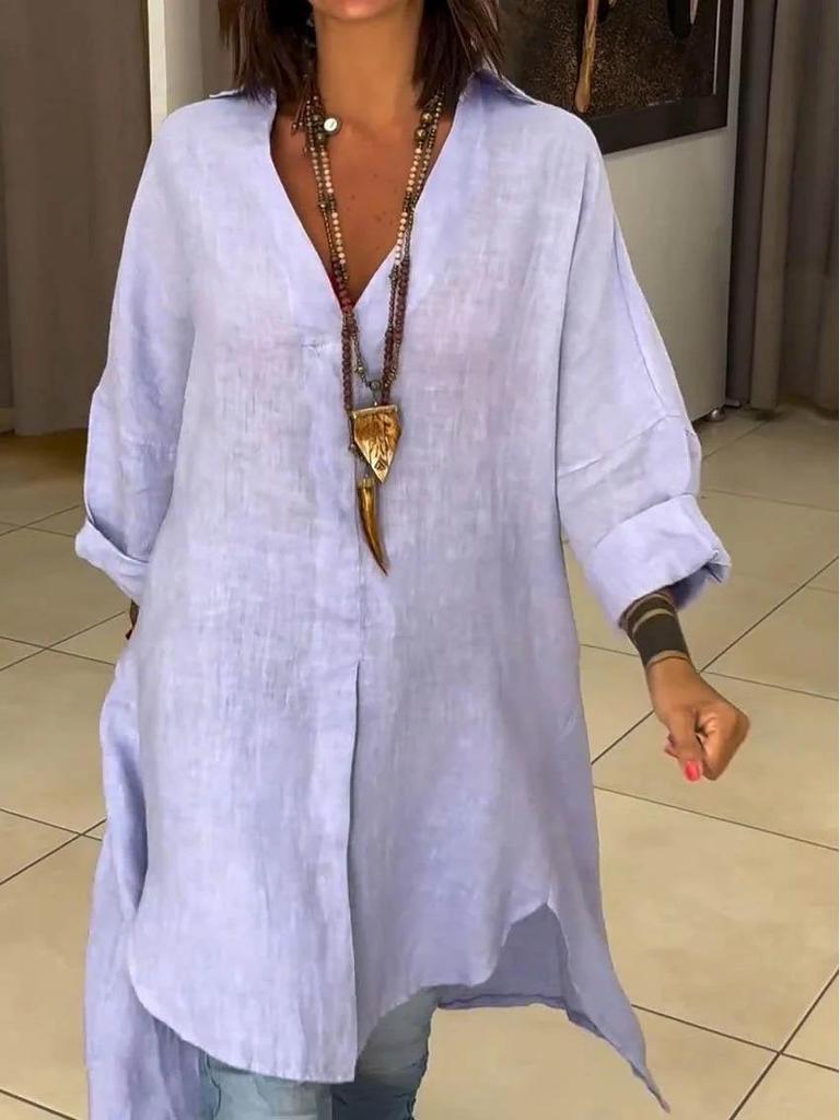 2024 European & American Summer Women's Casual Cotton-Linen Split Loose Shirt Dress