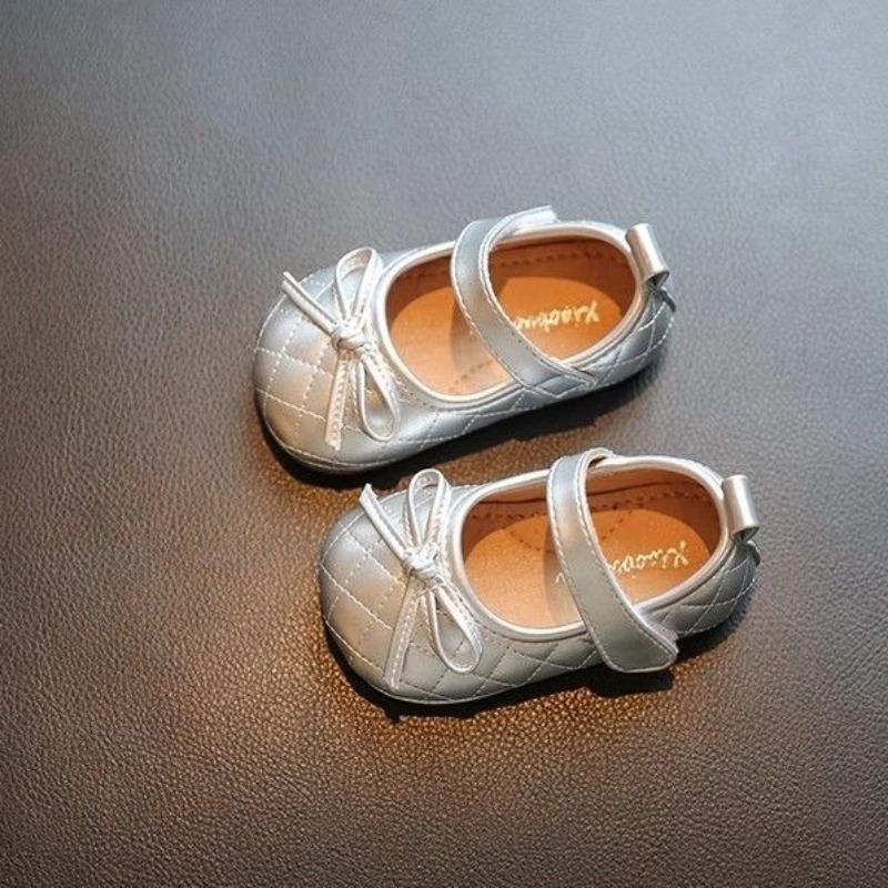 Baby Walking Shoes Round Toes Non-slip Soild Color Kids Leather Shoes Simple Bows 2025 New Girls Princess Shoes Hook&loop Trendy