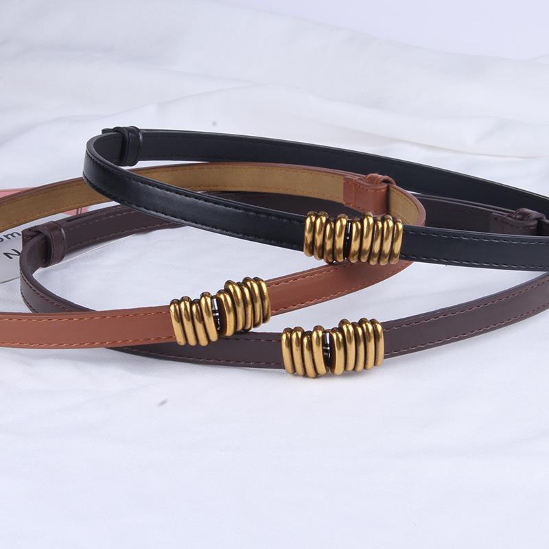 PU Leather Thin Retro Belts Gold Buckle Adjustable Women Belts Fashion Wild Skinny Waistbands Dress Jeans Pants Decorative Strap
