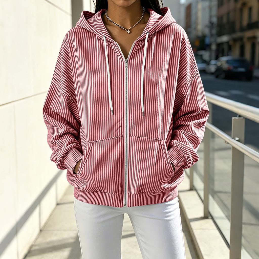 Women's Casual, Loose-Fitting, Striped, -Lined, Hooded Cardigan with Zipper