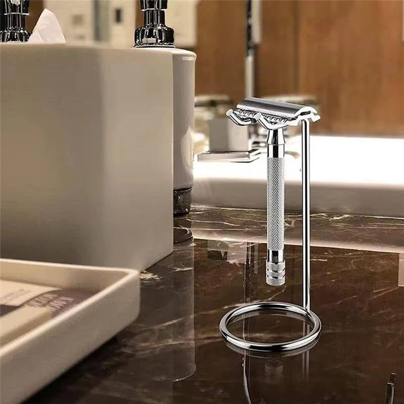 AEE4-Men Metal Art Shaving Brush Stand Razor Base Chromed Silver Shaving Razor Beard Clean Shaver Kit Cartridge Easy Carry