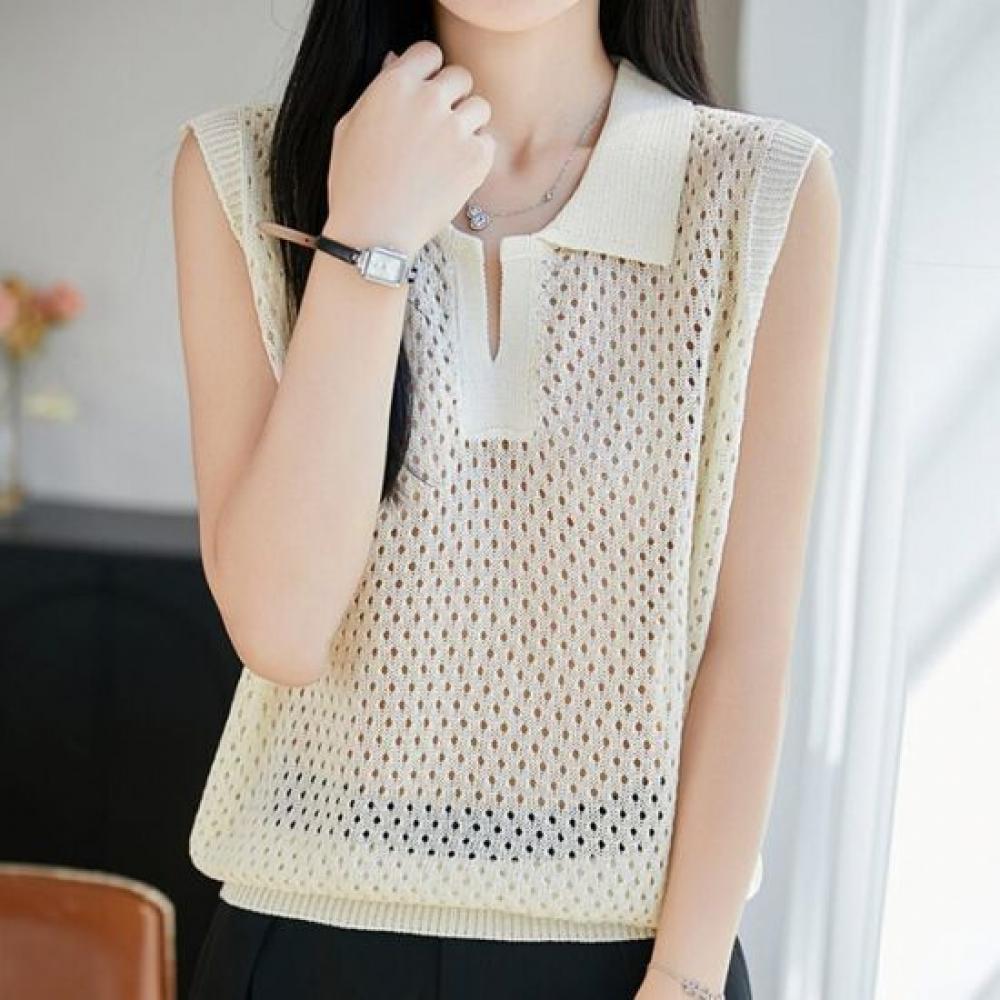 Navava Women Cool Daily Punching Collar Sleeveless Knit Top Nk3691