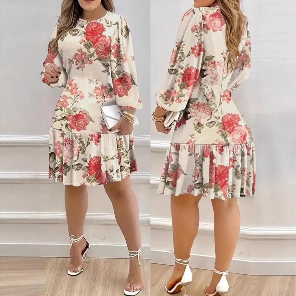 women's Floral Print Round Neck Puff Long Sleeve Ruffle Hem Bodycon Mini Dress