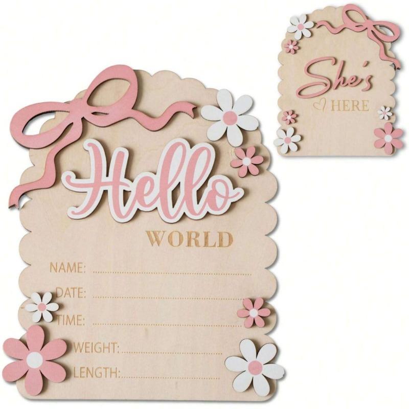 2PCS Baby Shower Hello World Newborn Wooden Sign Pink Bow Baby Growth Souvenir for Mom