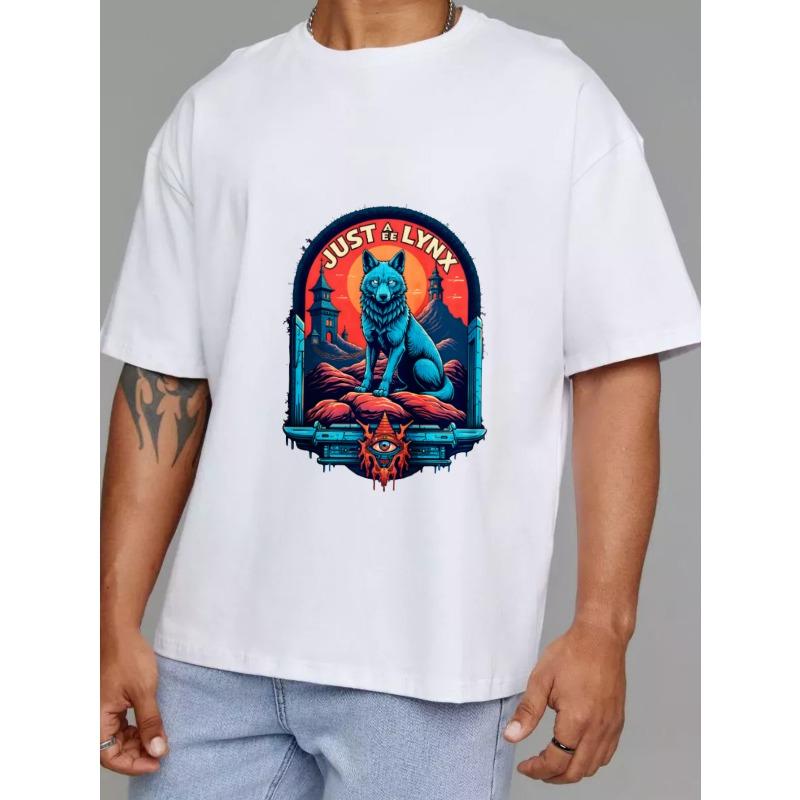 White T Shirt Just The Lynx Graphic Print with Blue Lynx and Eye Symbol Design for Casual Wear
