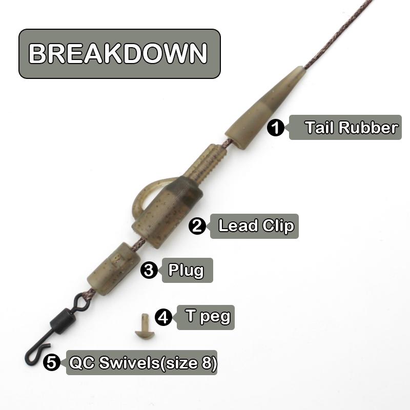 2 Stück Karpfenangeln Bleifreies Vorfach 100cm/60lb Tail Rubbers Blei-Clips Stecker T-Stifte QC Wirbel Schlaufe+Laufblei-Clip