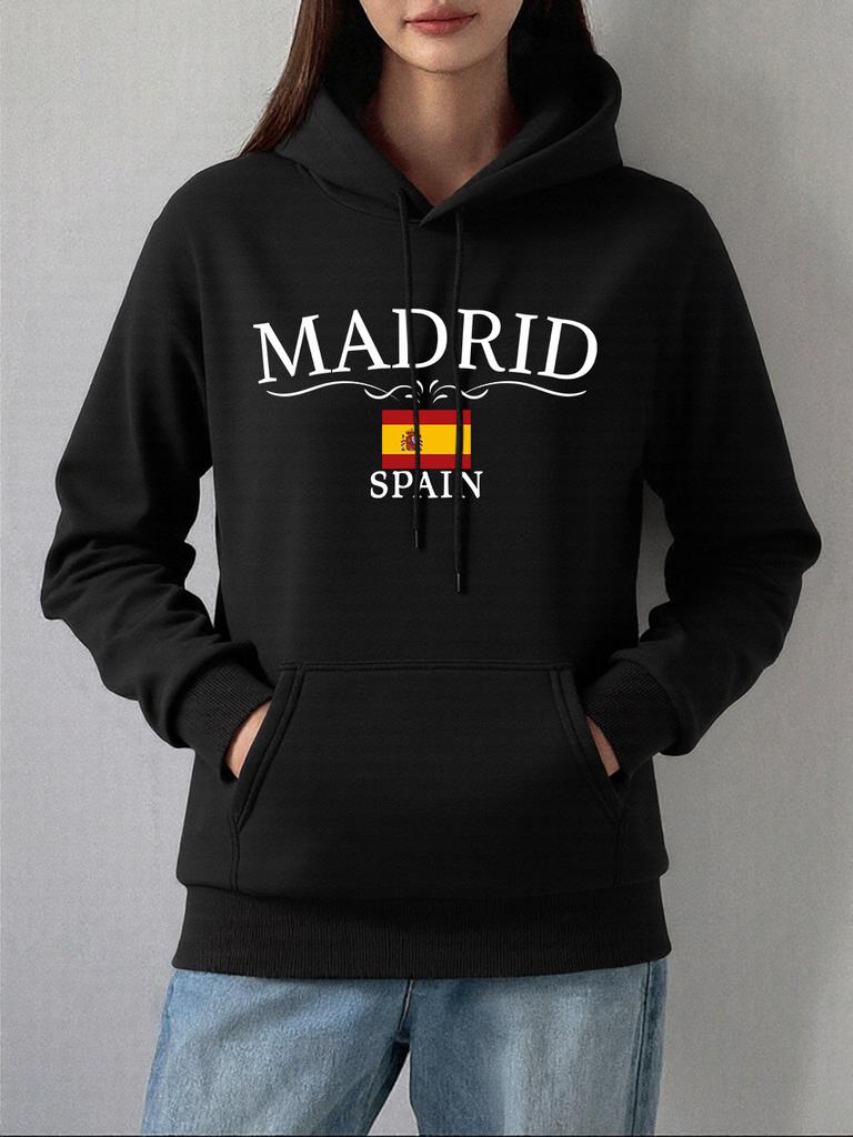 Madrid Spain Flag Printed Hoodies Women Autumn Winter Fleece Warm Sweatshirts Basics Pocket Pullover Casual Loose Womans Clothes